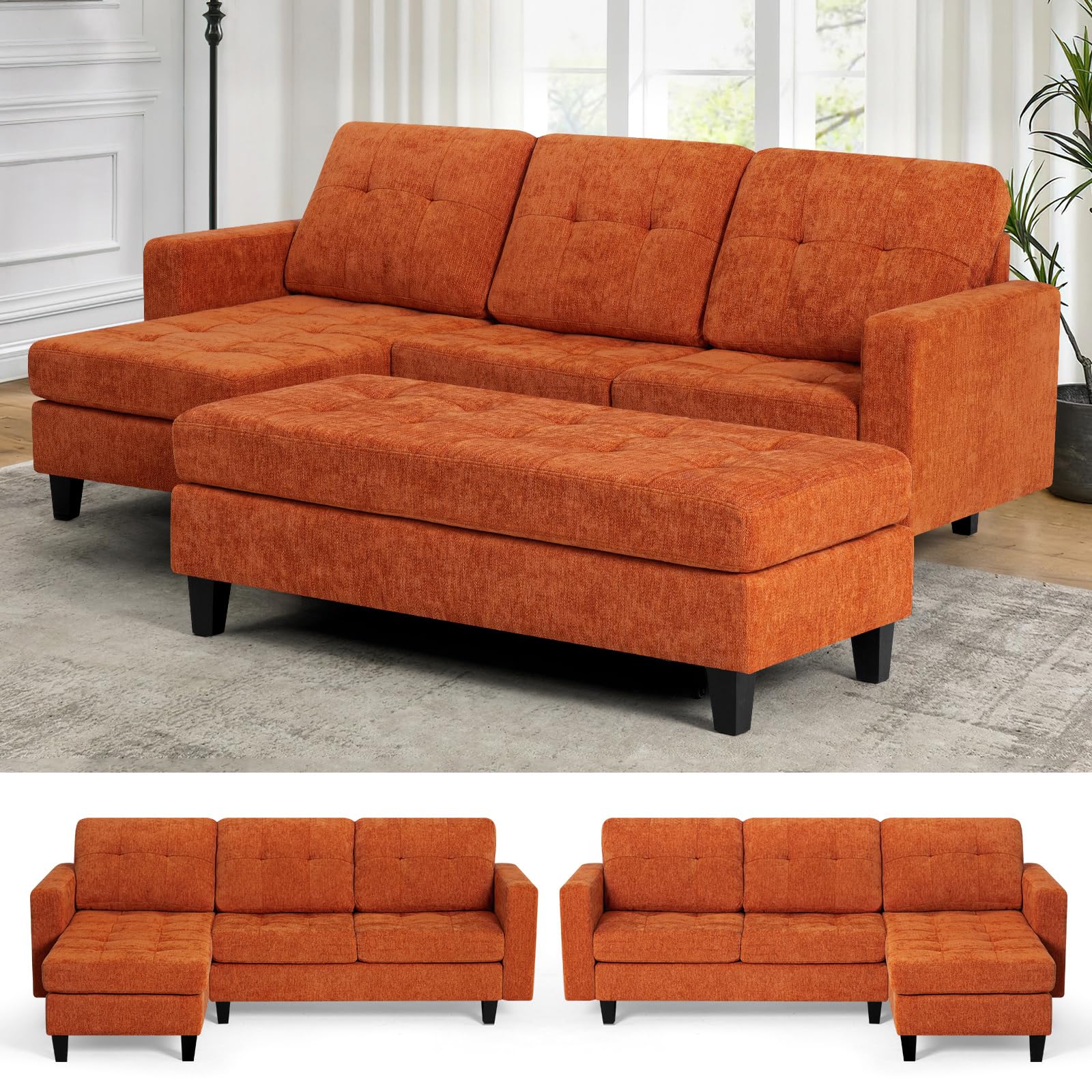 ACMEASE 84" Chenille Convertible Sectional Sofa w/Movable Ottoman Bench, 3 Seats L Shaped Couch w/Reversible Chaise Lounge,Modern Upholstered Sofa w/Tufted Cushions for Apartment, Living Room, Orange