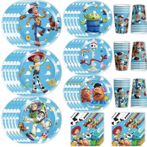 toy inspired story birthday party supplies toy 120pcs disposable story paper plates and napkins for toy inspired story party decorations cups tablecloth for boys girl birthday decor, serve 30