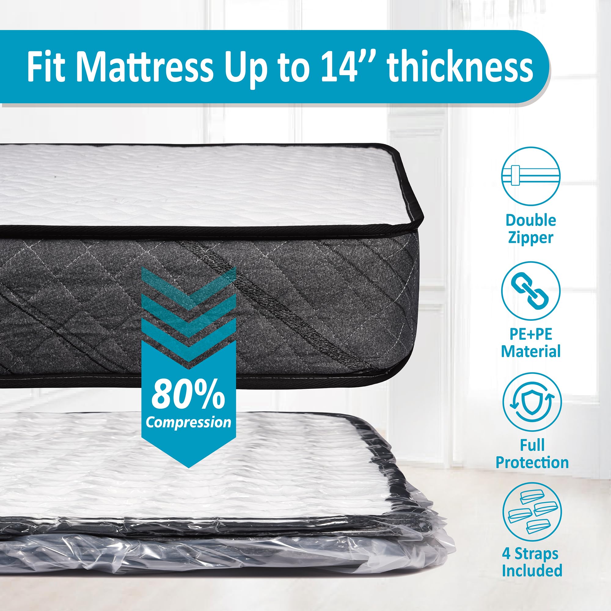 Mattress Vacuum Bag for Moving, Vacuum Seal Bag for Queen Full Size Memory Foam/Latex Mattress Up to 14 Inch, Mattress Compression Vacuum Bag with 4 Adjustable Straps (Queen/Full/Full-XL)