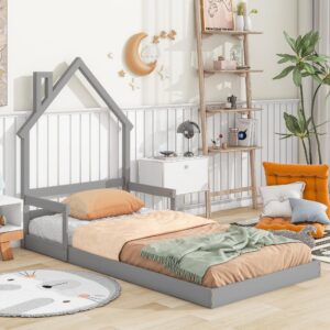 zyerch twin house-shaped headboard floor bed with handrails,wooden bed frame with slat for kids, teens, boys or girls,grey