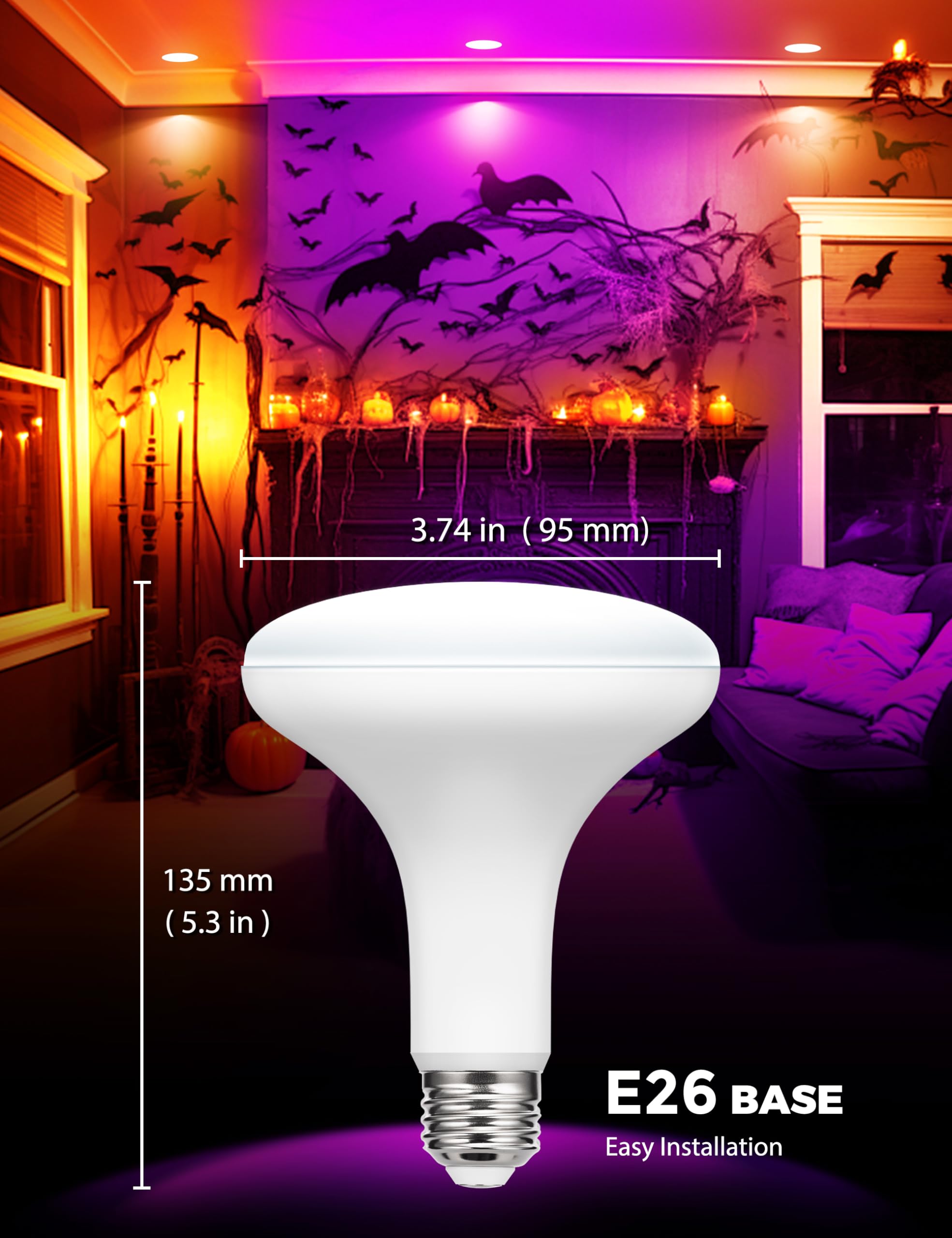 JandCase BR30 Halloween Light Bulbs, E26 Base Halloween Purple & Orange Indoor Flood Light Bulbs, Orange Purple Flood Light Bulbs for Halloween Decoration,11W(65W Equivalent),Not-Dimmable, 2 Pack