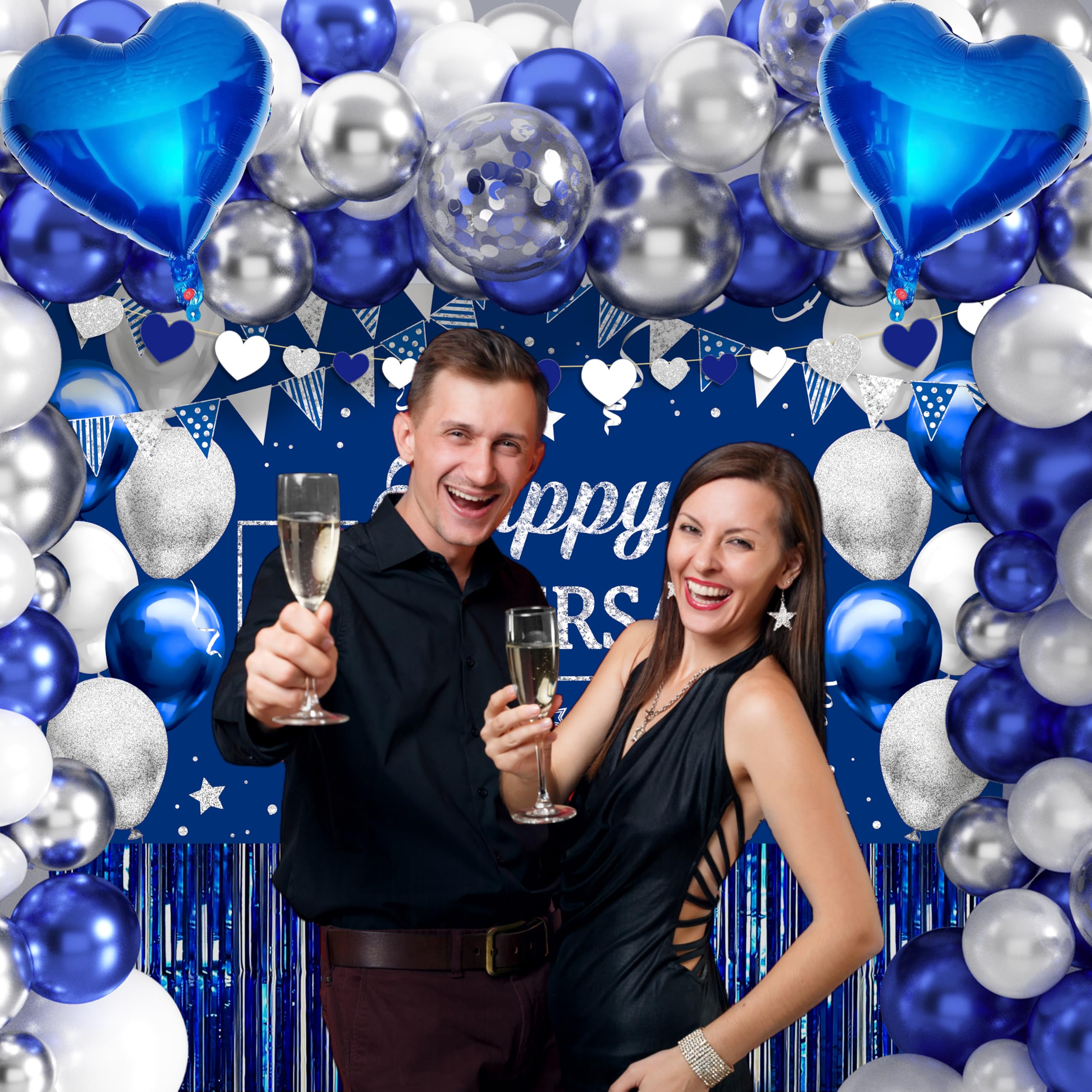 Happy Anniversary Party Decoration 101Pcs, Blue and Silver Anniversary Party Supplies Happy Anniversary Backdrop Banner Blue and Silver Balloon Arch Kit Tablecloth for Wedding Anniversary Party Decor