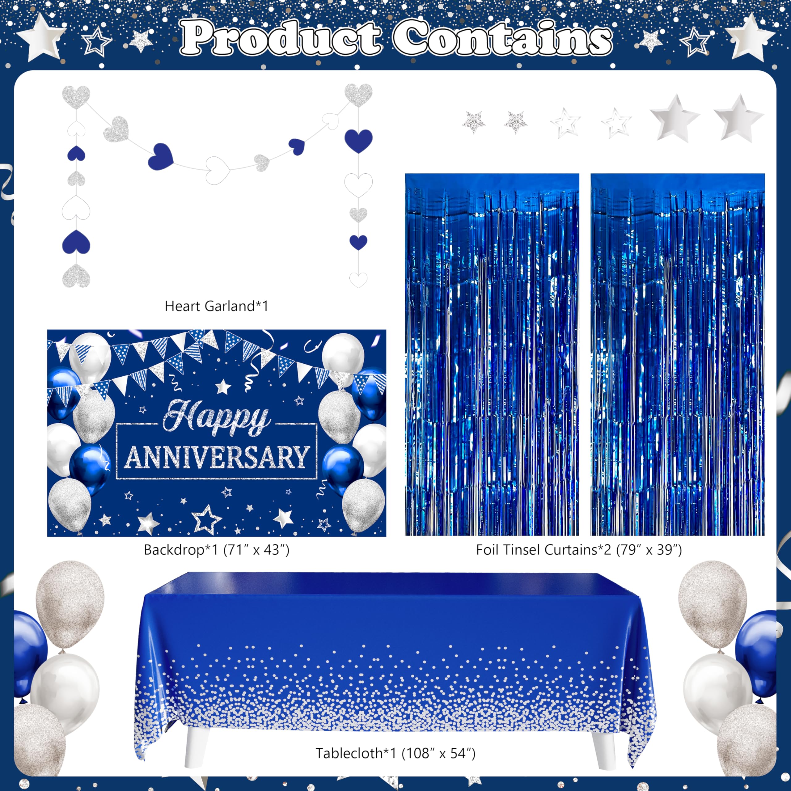 Happy Anniversary Party Decoration 101Pcs, Blue and Silver Anniversary Party Supplies Happy Anniversary Backdrop Banner Blue and Silver Balloon Arch Kit Tablecloth for Wedding Anniversary Party Decor