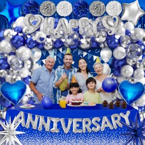 Happy Anniversary Party Decoration 101Pcs, Blue and Silver Anniversary Party Supplies Happy Anniversary Backdrop Banner Blue and Silver Balloon Arch Kit Tablecloth for Wedding Anniversary Party Decor