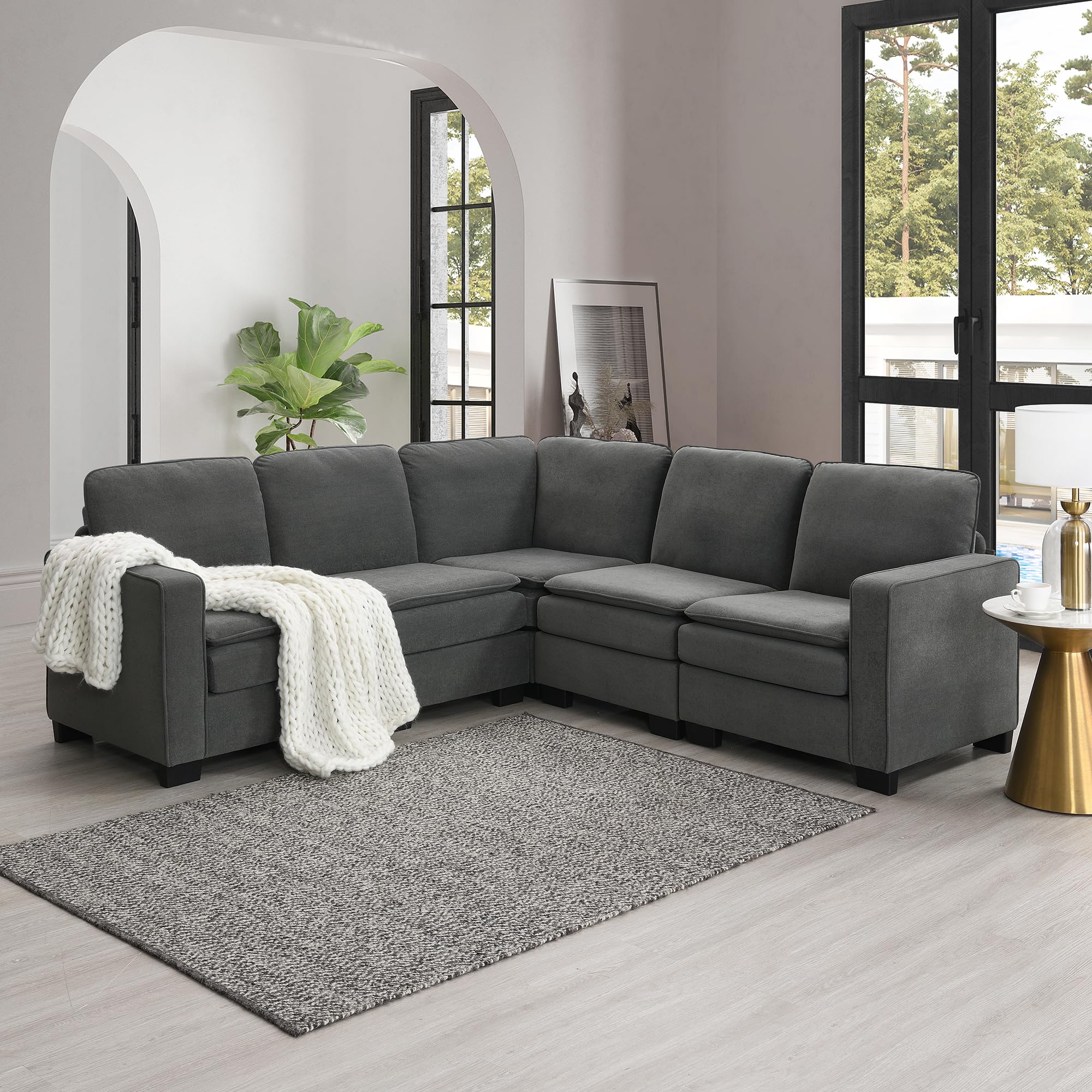 Merax 89"x89" Oversized Velvet Sectional Sofa, Large L Shaped Upholstered Indoor Furniture with Double Cushions, 5 seat Cloud Corner Couch for Living Room, Apartment, Office, Gray