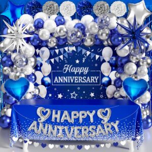 happy anniversary party decoration 101pcs, blue and silver anniversary party supplies happy anniversary backdrop banner blue and silver balloon arch kit tablecloth for wedding anniversary party decor