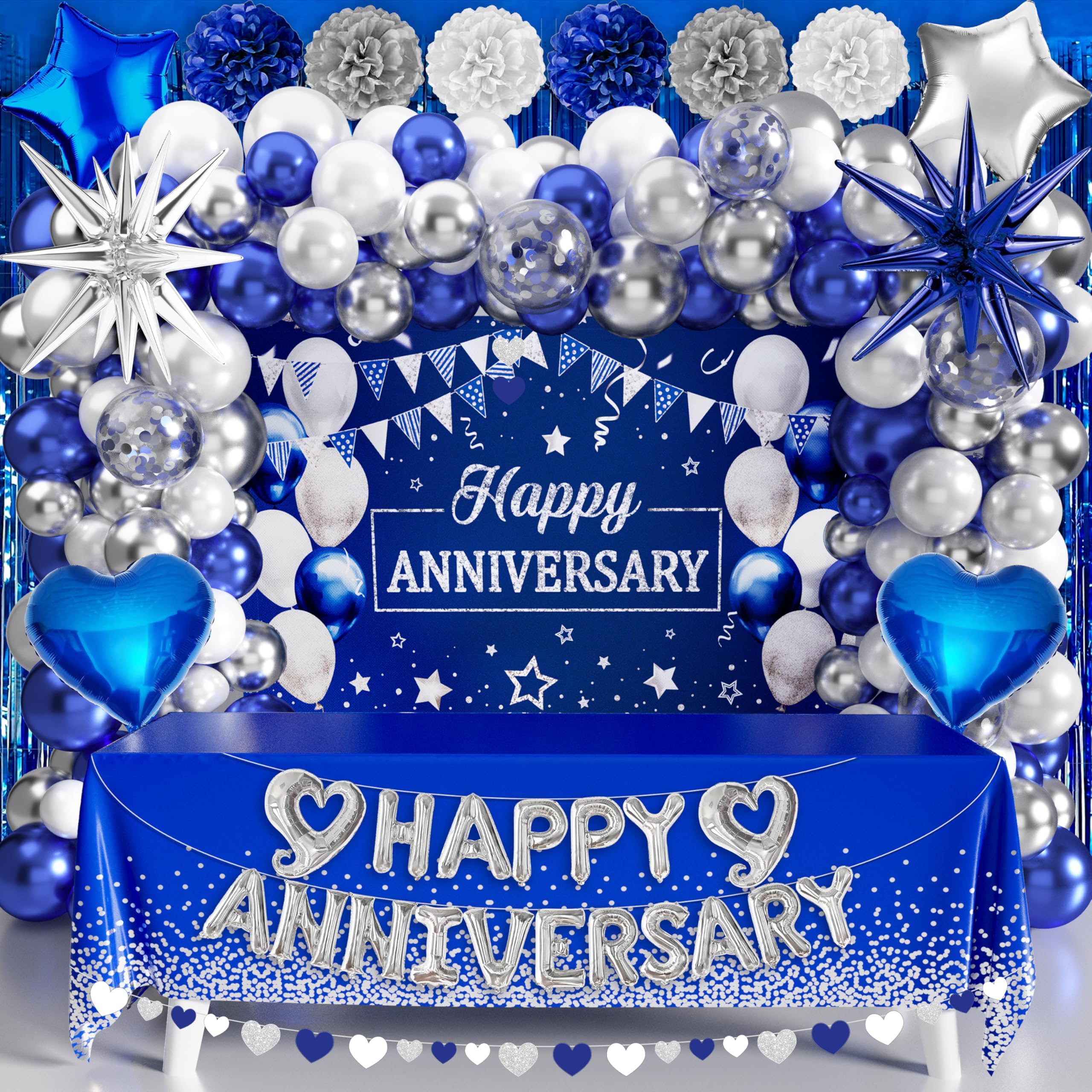 Happy Anniversary Party Decoration 101Pcs, Blue and Silver Anniversary Party Supplies Happy Anniversary Backdrop Banner Blue and Silver Balloon Arch Kit Tablecloth for Wedding Anniversary Party Decor