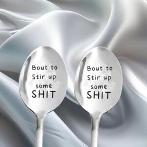 alonurish 2pcs funny laser engraved spoons, bout to stir up some shit, christmas birthday gifts for mom/grandma/grandpa/best friend, 7*1.57 inches, silver, yang-n99