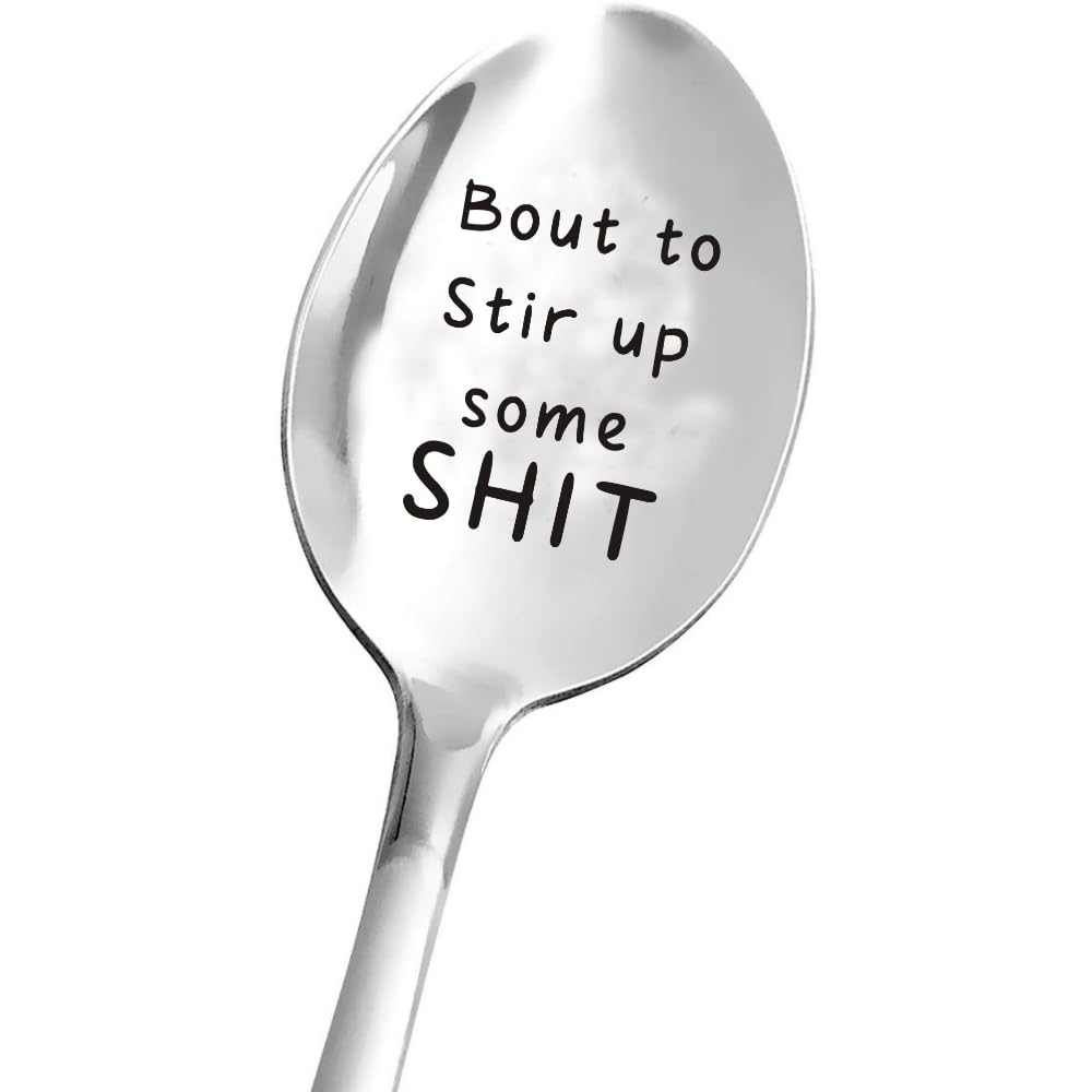 ALONURISH 2PCS Funny Laser Engraved Spoons, Bout To Stir Up Some Shit, Christmas Birthday Gifts for Mom/Grandma/Grandpa/best Friend, 7*1.57 inches, Silver, YANG-N99