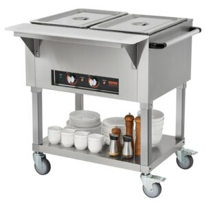 VEVOR 2-Pan Commercial Food Warmer, 2 x 20.6QT Electric Steam Table, 1000W Professional Buffet Catering Food Warmer with 4 Wheels (2 Lockable), Food Grade Stainless Steel Server for Party Restaurant