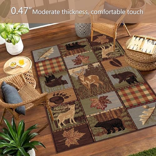 KFHWDG Country Style Rug, 3x4ft, Rustic Cabin Wildlife Washable Area Rugs, Elk Bear Lattice Modern Geometric Design Soft Floor Rug Non-Skid Carpets for Living Room Bedroom Home Decor