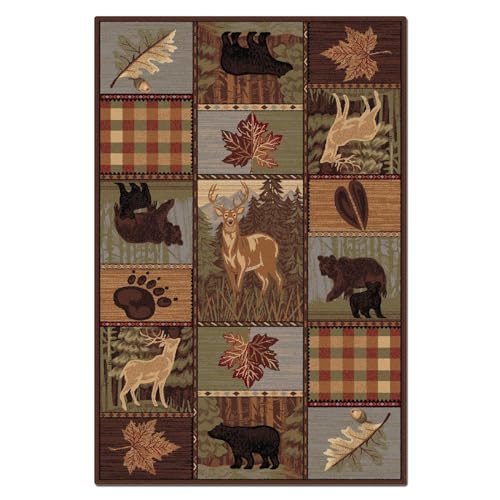 KFHWDG Country Style Rug, 3x4ft, Rustic Cabin Wildlife Washable Area Rugs, Elk Bear Lattice Modern Geometric Design Soft Floor Rug Non-Skid Carpets for Living Room Bedroom Home Decor