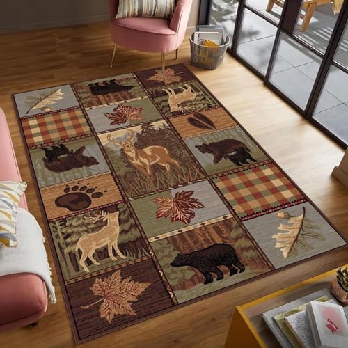 KFHWDG Country Style Rug, 3x4ft, Rustic Cabin Wildlife Washable Area Rugs, Elk Bear Lattice Modern Geometric Design Soft Floor Rug Non-Skid Carpets for Living Room Bedroom Home Decor