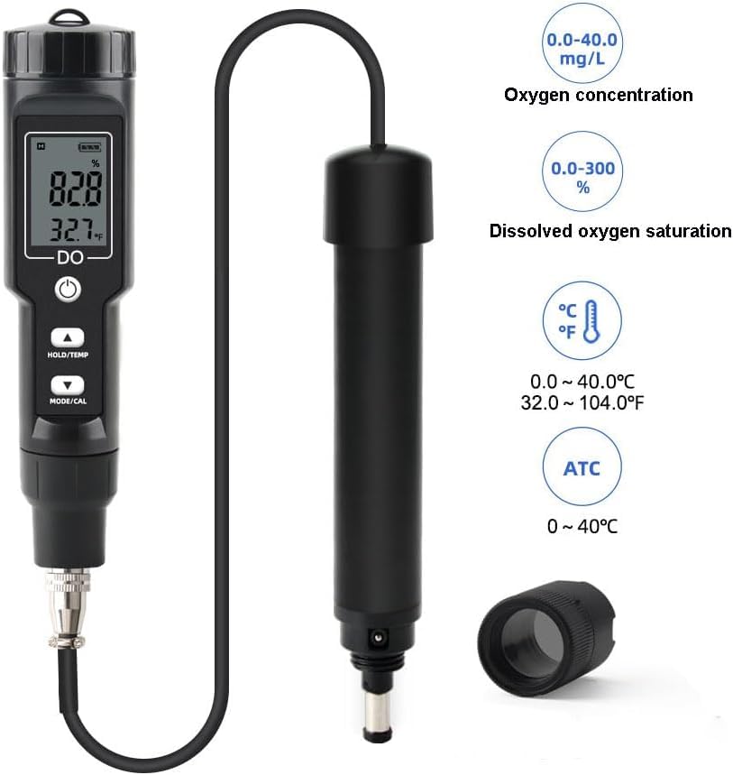 Generic Dissolved Oxygen Meter, Digital Oxygen Test Kit Analyzer, DO Probe with ATC for Aquarium, Measurement Range: 0‑30mg/L 6 Replaceable Electrode Tips, 30ml Electrode Filling Fluid