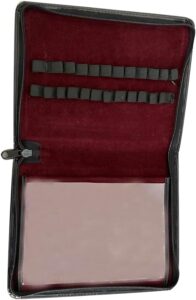 generic faux leather pen/pencil display and carrying case - black with burgundy faux suede, 24 elastic holders