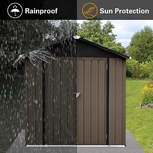 HOMLOVLY 6FT x 4FT Metal Storage Shed with Pent Roof,Outdoor Storage Shed with Double Lockable Doors,Waterproof Garden Shed Tool House for Backyard Patio Lawn, Brown