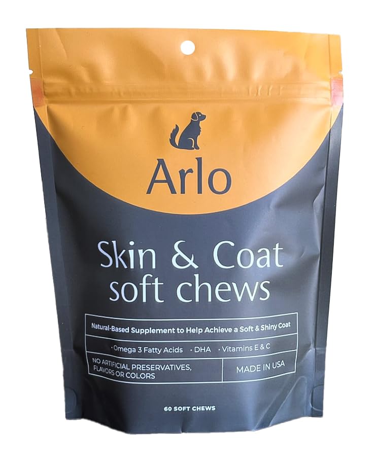 Arlo Pet Supplies Skin and Coat Supplement for Dogs, 60 Soft Chews, Omega 3 Fatty Acids, DHA, Vitamins E and C, Restore Soft, Shiny Hair and Diminish Irritation, Made in USA