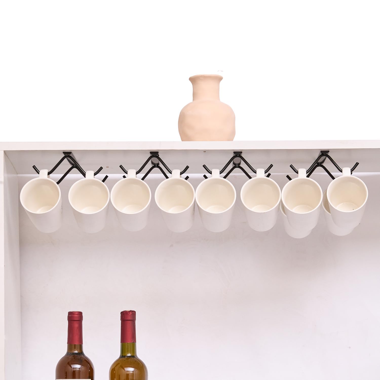 AMUFYSHH 4 Packs Mug Hooks Under Cabinet, Coffee Cup Hooks for Hanging Under Shelf, Mugs Organizer Rack with 16 Hooks for Displaying Mugs, Coffee Cups and Kitchen Utensils, Coffee Bar Accessories