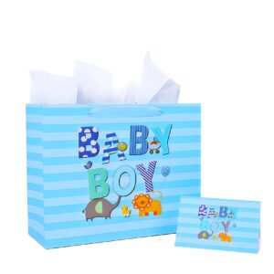 13" large baby boy gift bag with tissue paper and greeting card for kids, baby shower, birthday party（cartoon animal design)