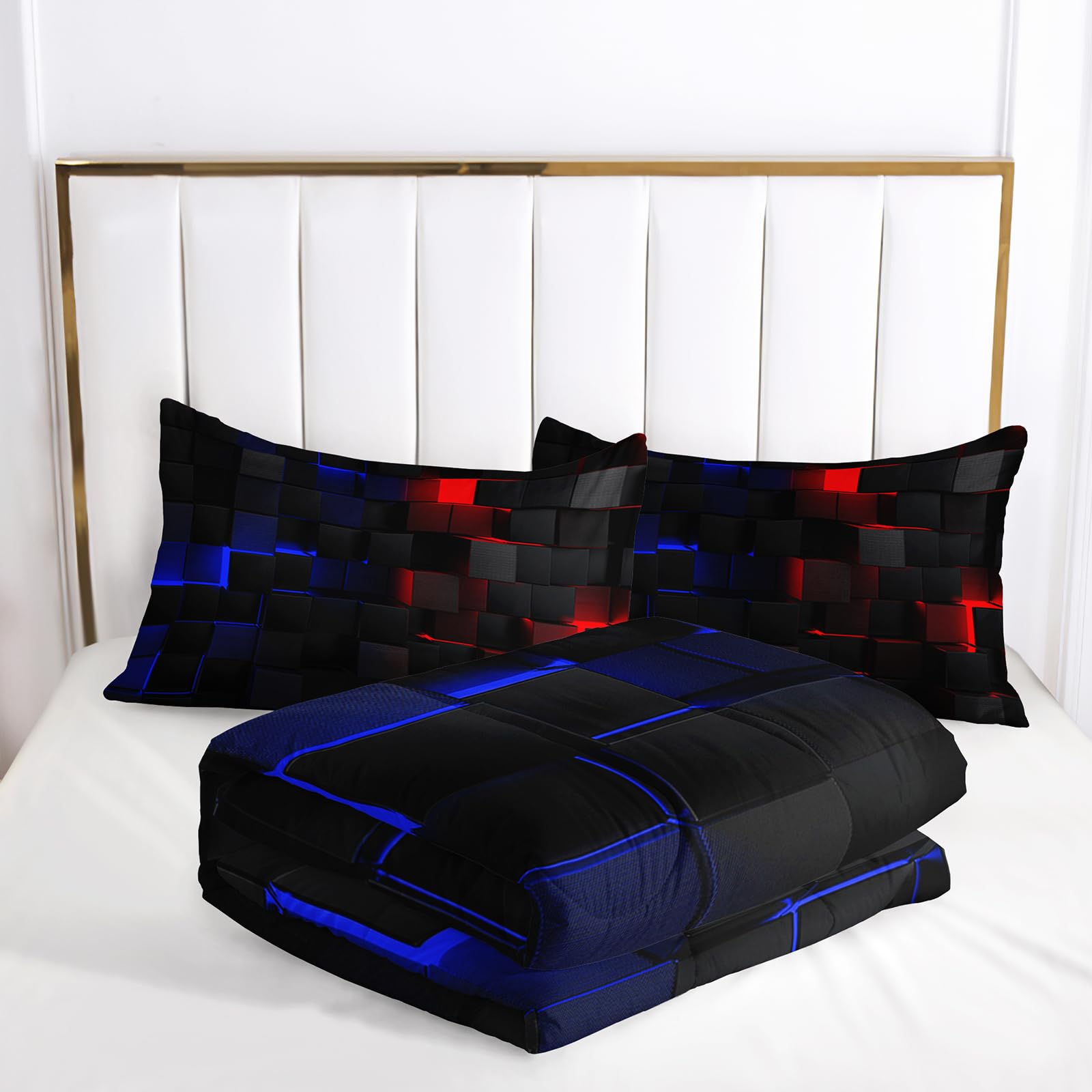 Nttopship Red and Blue Checkered Comforter Set Full Honeycomb Bedding Sets 3PCS for Kids Teen Adult Boy Room Decor Ultra-Soft Lightweight Microfiber 1 Comforter with 2 Pillowcases