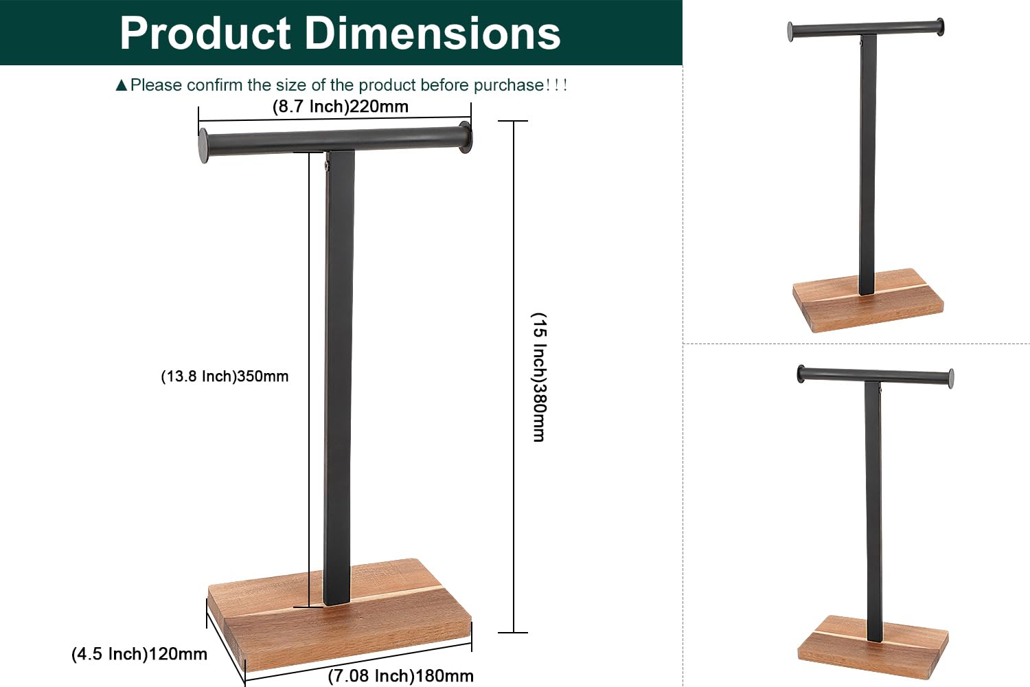 BathAce Hand Towel Holder, T-Shape Hand Towel Stand for Bathroom, Stand Hand Towel Rack Free-Standing Towel Bar for Bathroom Kitchen Countertop, Metal (14IN-Wooden Base, Black)