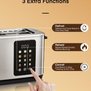 4 Slice Toaster Touch Screen Control, Long Extra Wide Slots Smart Bread Toaster, 6 Bread Types & 6 Shade Settings, Stainless Steel Toaster, with Removable Tray, Cancel/Defrost/Reheat Function, Sliver