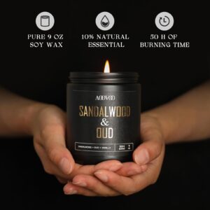 AOOVOO Scented Candles for Men - Sandalwood & Oud Candles for Home Scented, Masculine Black Candle Gift for Women & Men, Gifts for Birthday, Christmas, 9 oz Natural Soy Wax