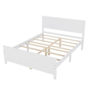 Queen Size Wood Platform Bed Frame with Headboard, Mattress Foundation with Slat Support, No Box Spring Needed, White