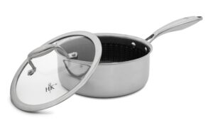 hell's kitchen hybrid 2.5 qt saucepan and lid, tri-clad stainless steel and nonstick ceramic, pfas free, no pfoa, ptfe, or teflon, non toxic cookware, metal utensil safe, all cooktops and oven safe