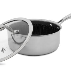 Hell's Kitchen Hybrid 2.5 Qt Saucepan and lid, Tri-Clad Stainless Steel and Nonstick Ceramic, PFAS Free, no PFOA, PTFE, or Teflon, Non Toxic Cookware, Metal Utensil Safe, All Cooktops and Oven Safe