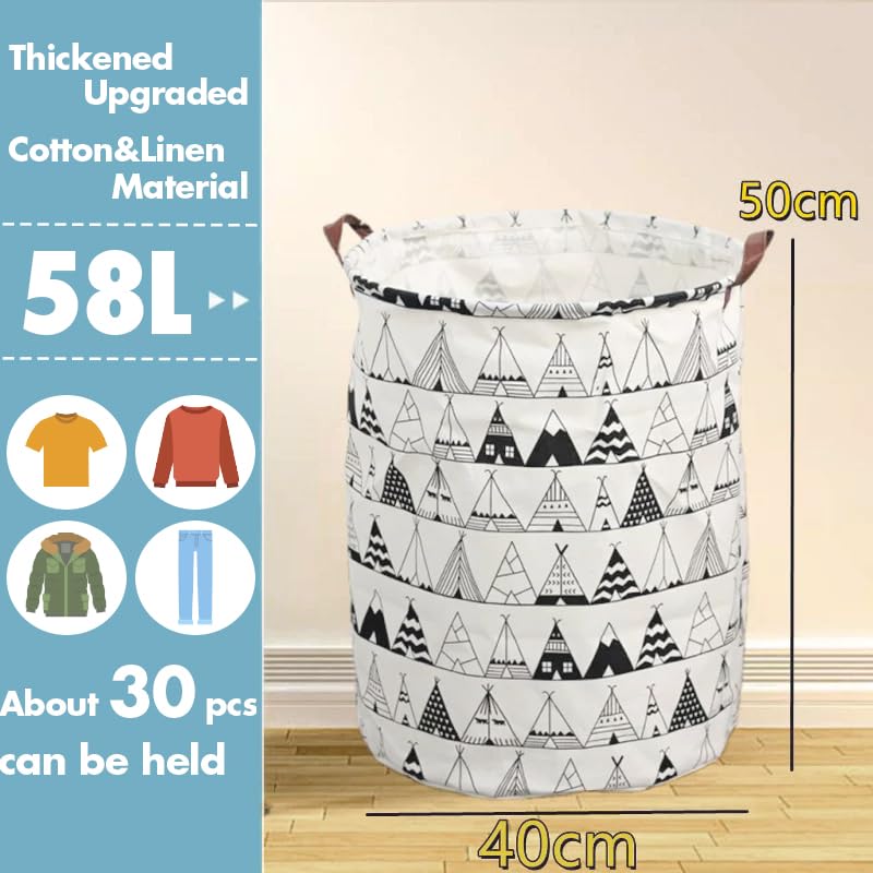 Nictemaw Laundry Hamper, Foldable Laundry Basket with Waterproof PE Coating, Canvas Fabric Round Large Storage Baskets with Leather Handles for Blankets, Clothes, Pillows, Shoes