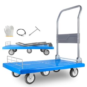 platform truck dolly cart folding platform cart with 1320 lbs weight capacity and 360 degree swivel wheels, 41" l x 24" w foldable push hand cart for loading and storage, 5 wheels blue