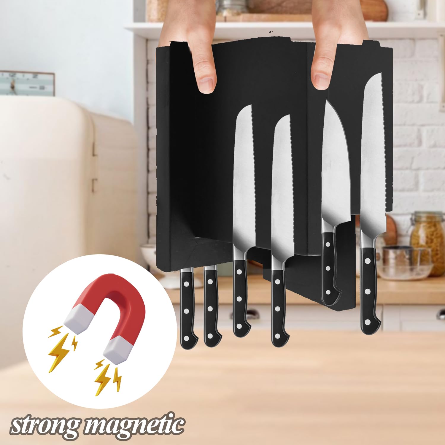 Resafy Black Magnetic Knife Block Knives Display Stable Board Knife Holder Rack Magnetic Stands with Strong Enhanced Magnets on Both Sides Anti-slip Feet