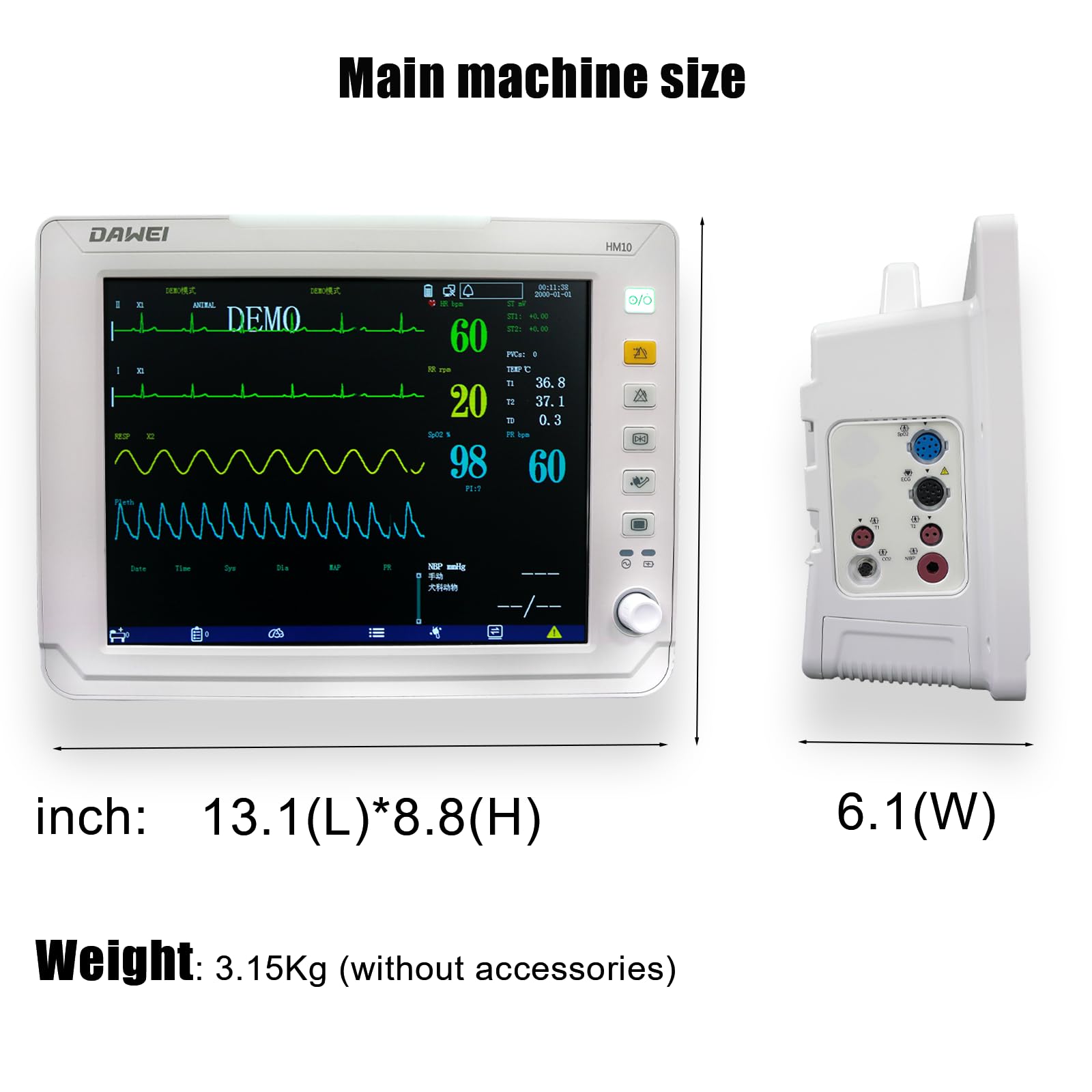 12.1-inch Display PET Vet Patient Monitor Multi 6 Parameter ICU Machine Veterinary ECG, SPO2, HR, NIBP, RESP, Temp for Cat, Dog, Mouse, Animals use