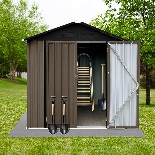 HOMLOVLY 6FT x 4FT Metal Storage Shed with Pent Roof,Outdoor Storage Shed with Double Lockable Doors,Waterproof Garden Shed Tool House for Backyard Patio Lawn, Brown