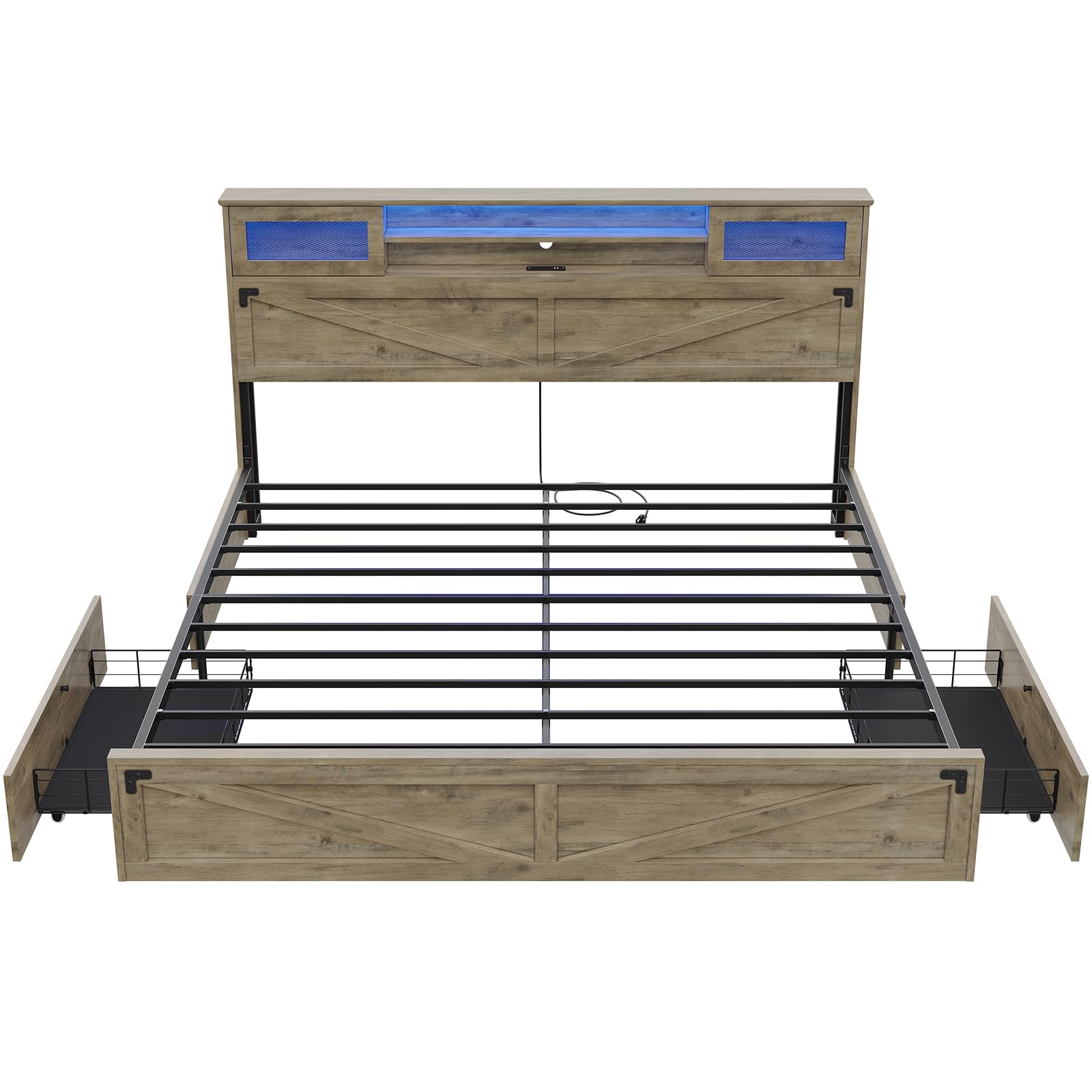 Hasuit Farmhouse Bed Frame King Size with Bookcase Headboard and 2 Drawers, Wooden Platform King Bed with LED Lights and Charging Station, Rustic Accent Headboard with Sliding Door, Rustic Brown