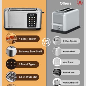 4 Slice Toaster Touch Screen Control, Long Extra Wide Slots Smart Bread Toaster, 6 Bread Types & 6 Shade Settings, Stainless Steel Toaster, with Removable Tray, Cancel/Defrost/Reheat Function, Sliver