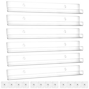 qwork 15 inch invisible acrylic floating wall ledge shelf, 6 pcs, transparent wall mounted book and storage shelves for nursery, bathroom, and kitchen