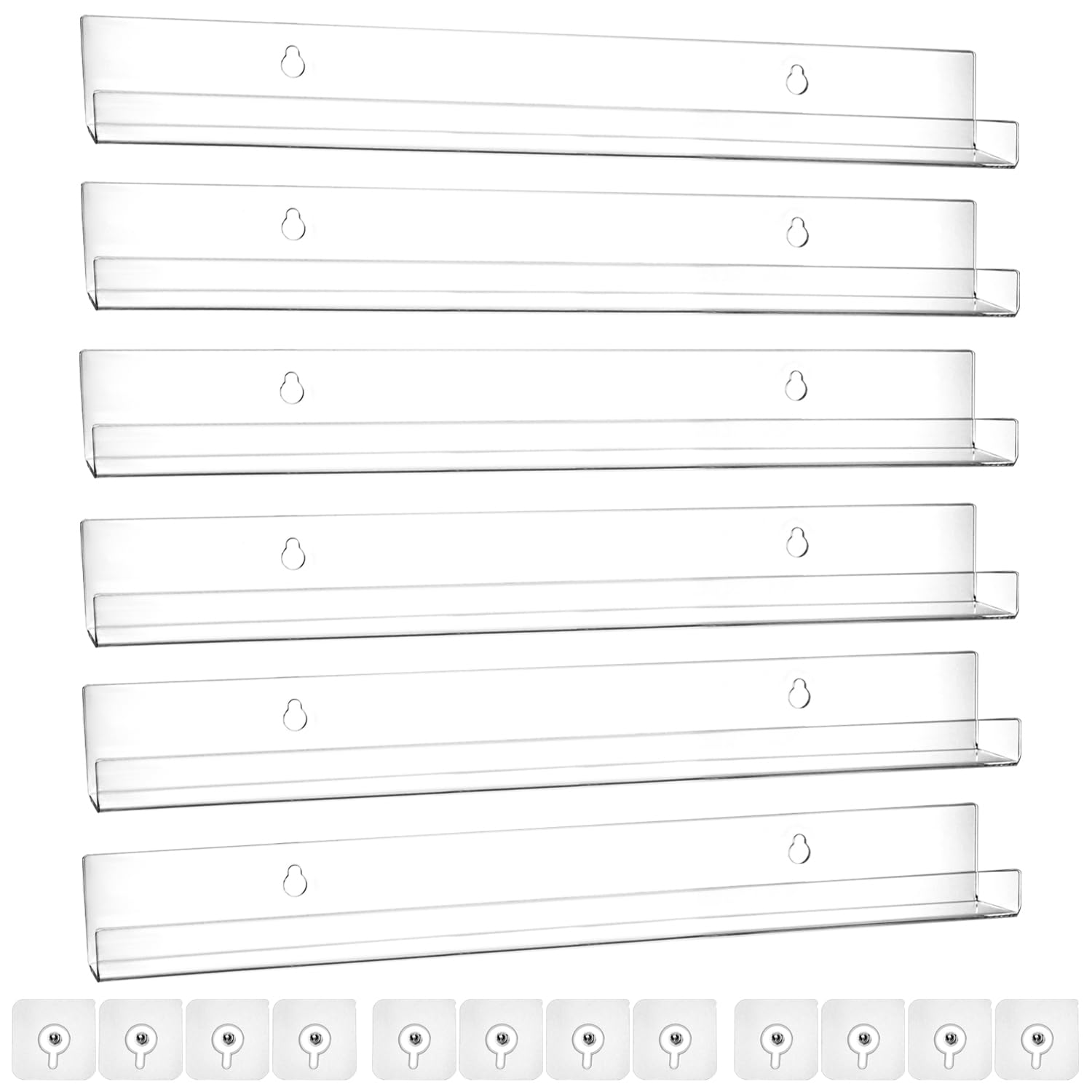 QWORK 15 Inch Invisible Acrylic Floating Wall Ledge Shelf, 6 Pcs, Transparent Wall Mounted Book and Storage Shelves for Nursery, Bathroom, and Kitchen