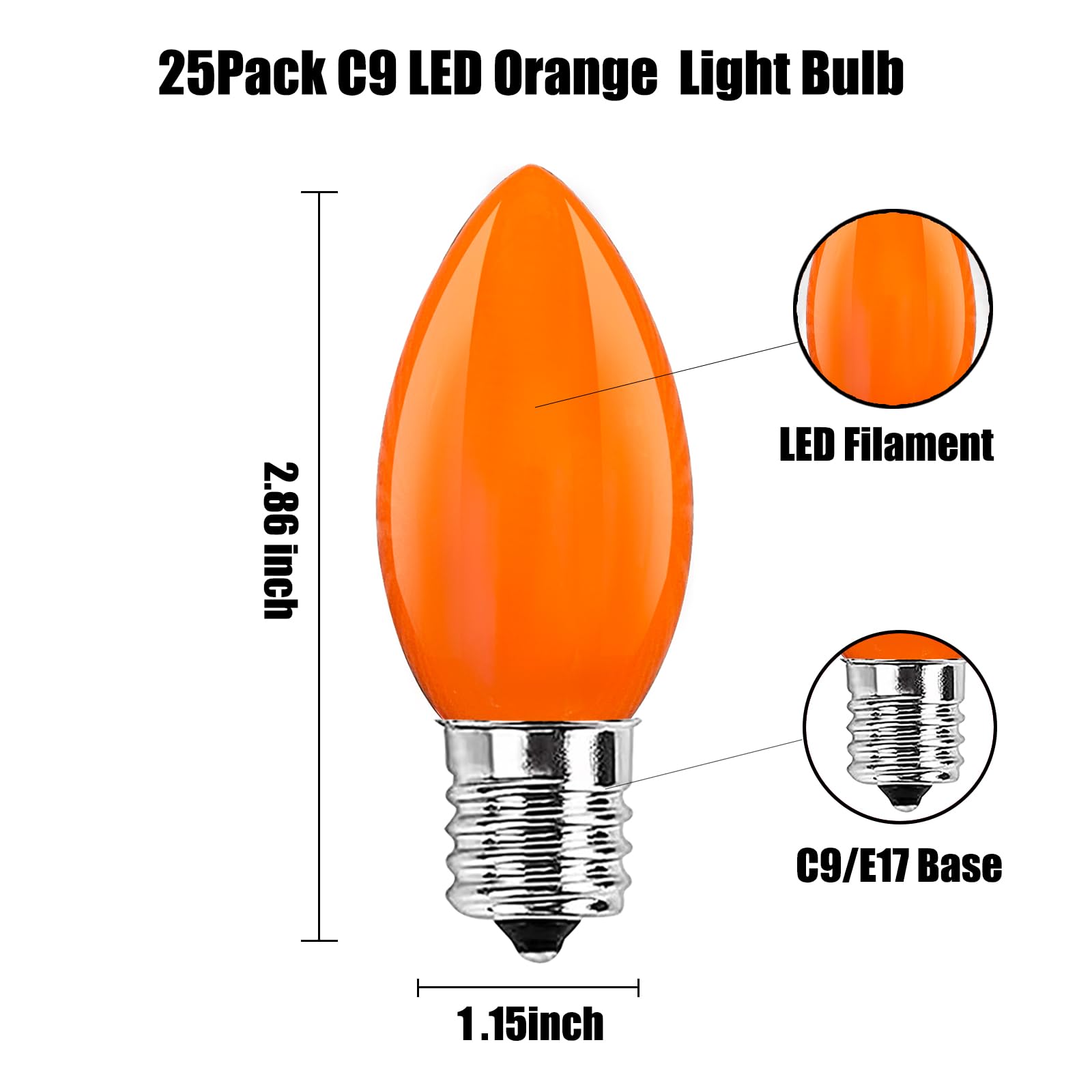 25 Pack C9 Orange Christmas Replacement Bulbs, LED Orange Ceramic Night Lights for Halloween Christmas Outdoor Indoor Patio String Lights, C9/E17 Candelabra Base, 0.6 Watt