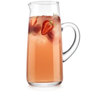 glass water pitcher with spout – 63 oz elegant serving carafe for water, juice, sangria, lemonade, and cocktails – clear glass beverage pitcher.