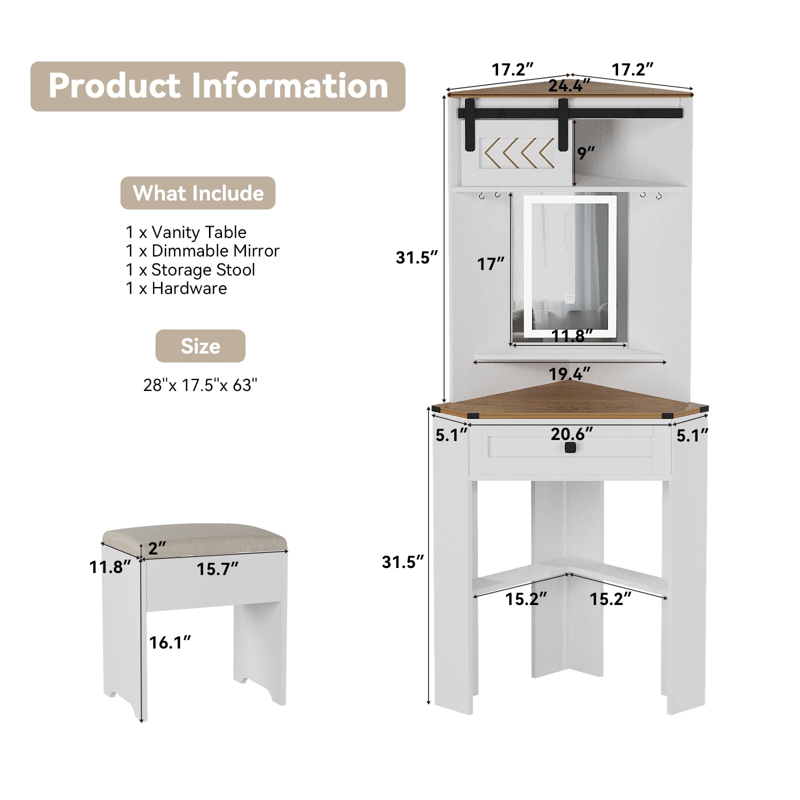 ARTETHYS Small Vanity Desk Set with Mirror and Lights Corner Makeup Table with Drawers for Small Space Farmhouse White Makeup Vanity Table with Storage Stool for Bedroom