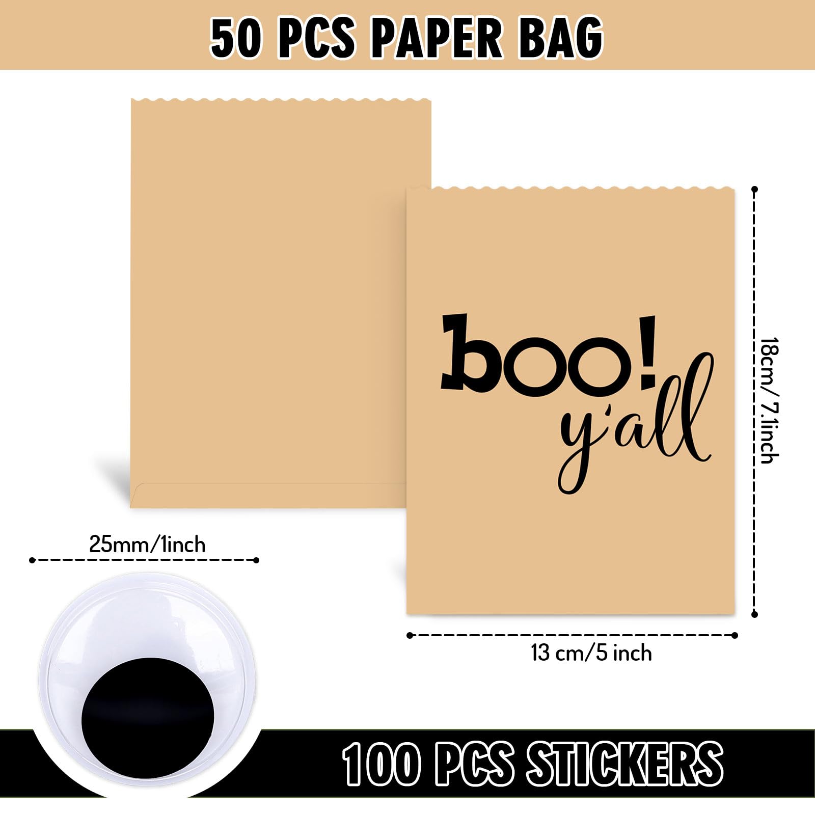 JarThenaAMCS 50Pcs Halloween Treat Bags with Self-Adhesive Wiggle Eyes Stickers Boo Y'all Candy Goodie Bags Kraft Paper Buffet Bags for DIY Crafts Party Supplies