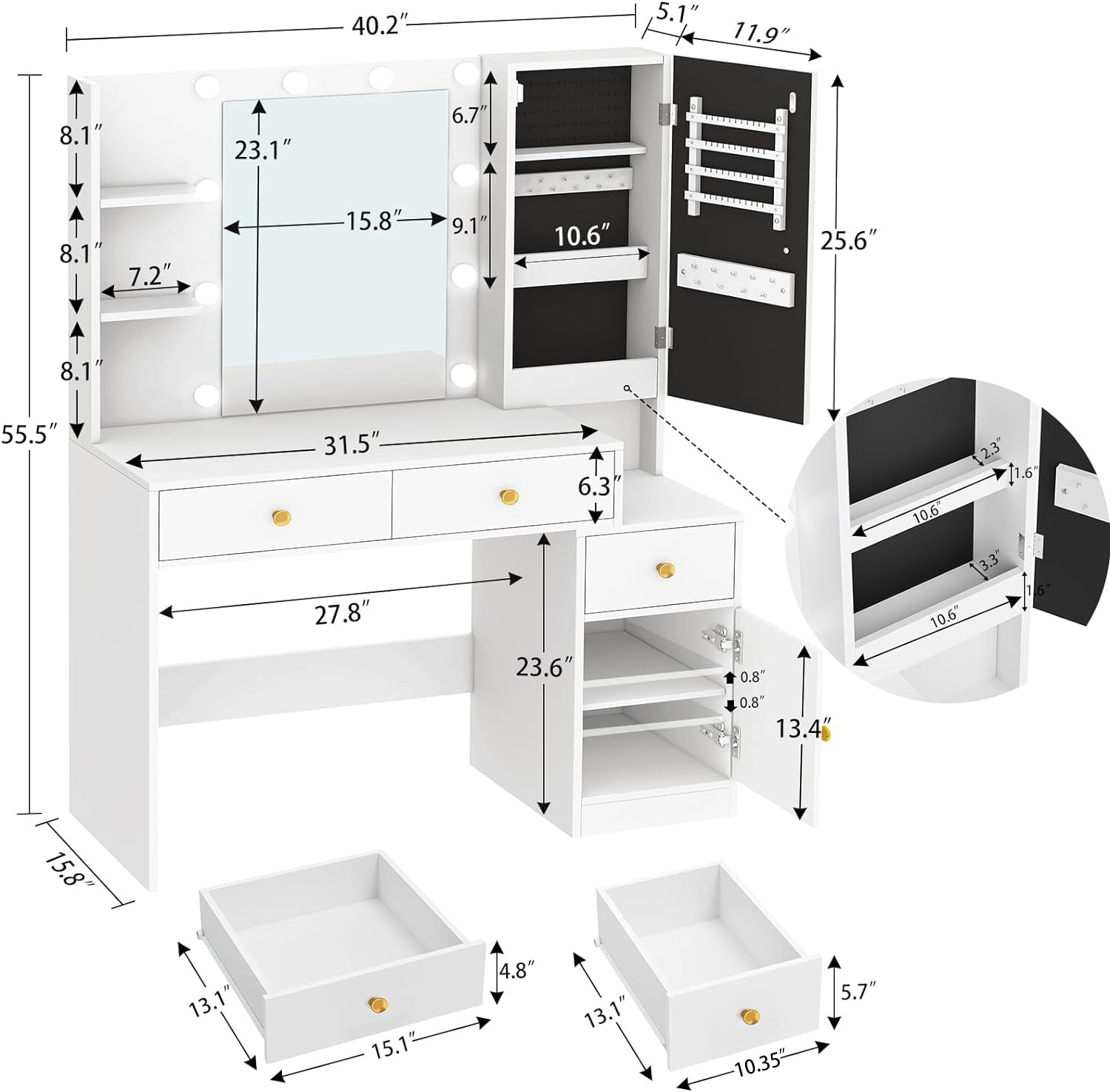 FIONESO Makeup Vanity Desk with Mirror and Lights, Vanity Desk with Jewelry Cabinet, Makeup Vanity Table with 2 Shelves & 2 Cabinets & 3 Drawers, Women, Girls, for Bedroom, White