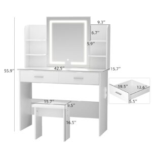 SMOOL Vanity with Lighted Mirror, Makeup Vanity Desk with Power Outlet, 3 Color Light Options Adjustable Brightness, Vanity Table with 6 Storage Shelves, 2 Large Drawers and Cushioned Stool, White