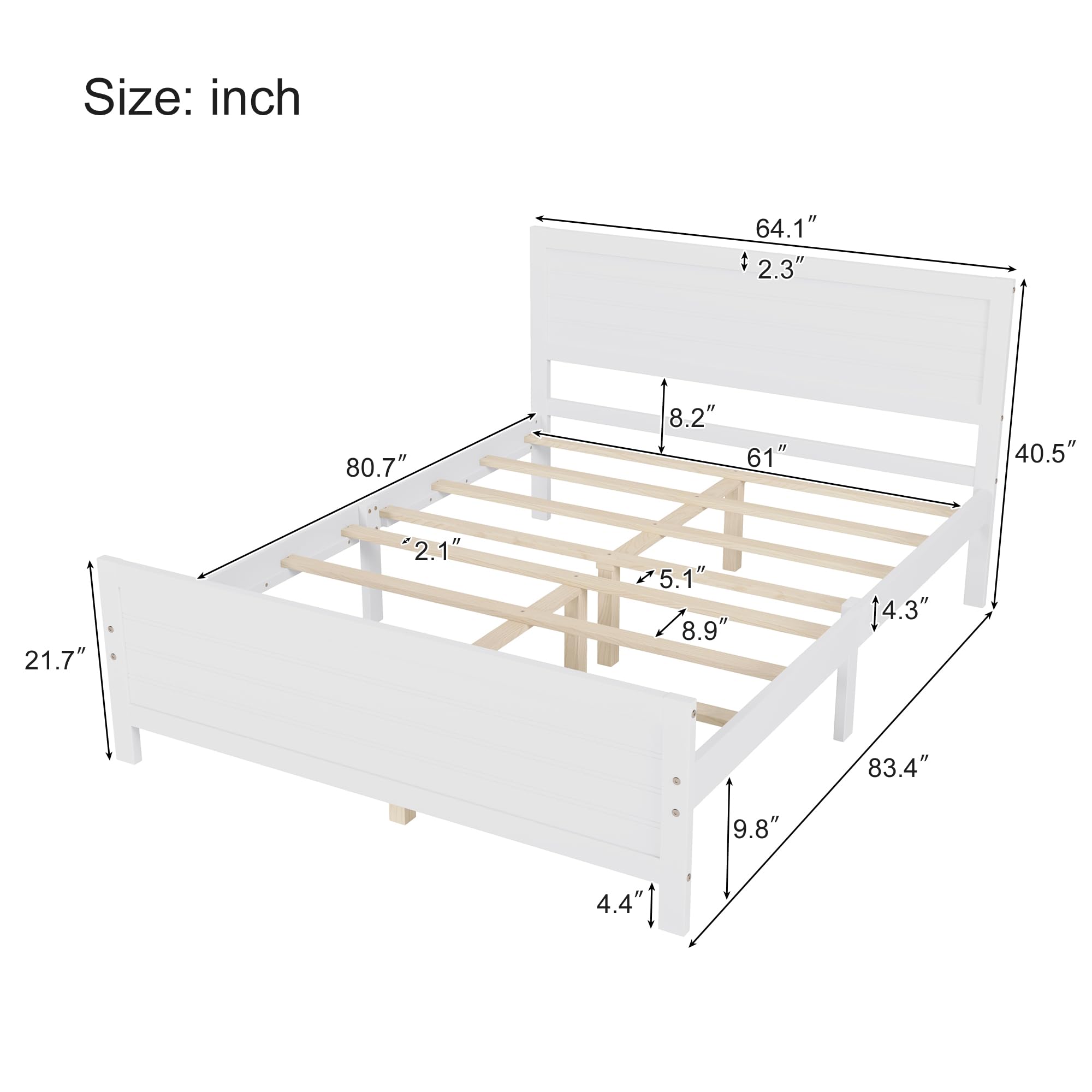 Queen Size Wood Platform Bed Frame with Headboard, Mattress Foundation with Slat Support, No Box Spring Needed, White