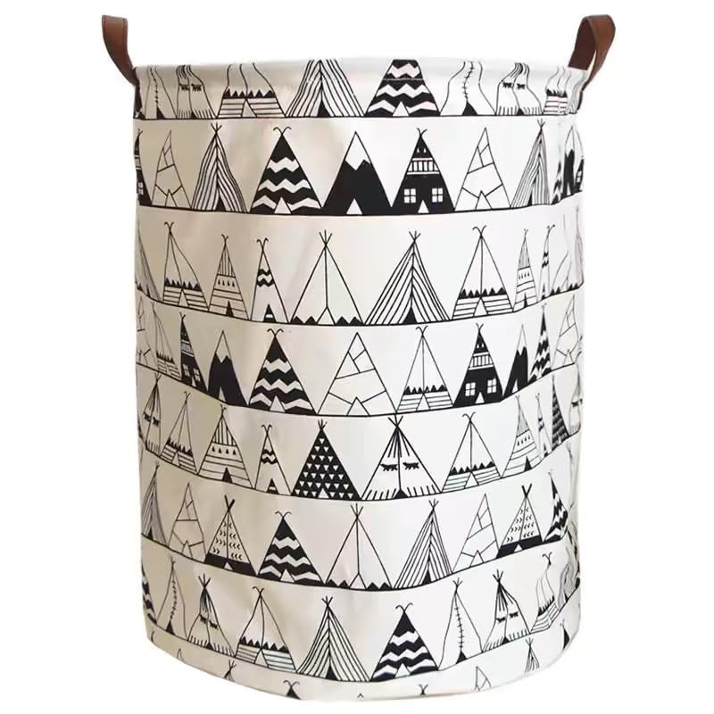 Nictemaw Laundry Hamper, Foldable Laundry Basket with Waterproof PE Coating, Canvas Fabric Round Large Storage Baskets with Leather Handles for Blankets, Clothes, Pillows, Shoes