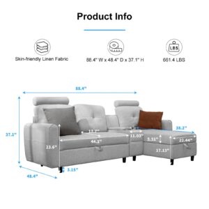 PUREMIND L Shaped Sofa for Living Room, Convertible Sectional Couch with Reversible Storage Chaise, Linen 3 Seater Lounge Sofa with Neck Pillows, L- Shape Sectional Sofa for Apartment