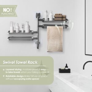 Pysrych No Drill Swivel Towel Rack Wall Mounted 4-Arm Towel Bar ABS Self-adhesive Towel Holder with Hook for Bathroom Shower Kitchen Grey