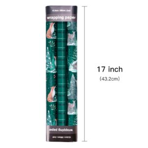 LeZakaa Christmas Green Wrapping Paper Roll - Mini Roll - Fox, Squirrel, Reindeer & Chrismas Tree, Green Plaid for Christmas Holiday Party - 17 x 120 inches - 3 Rolls (42.5 sq.ft.ttl.)